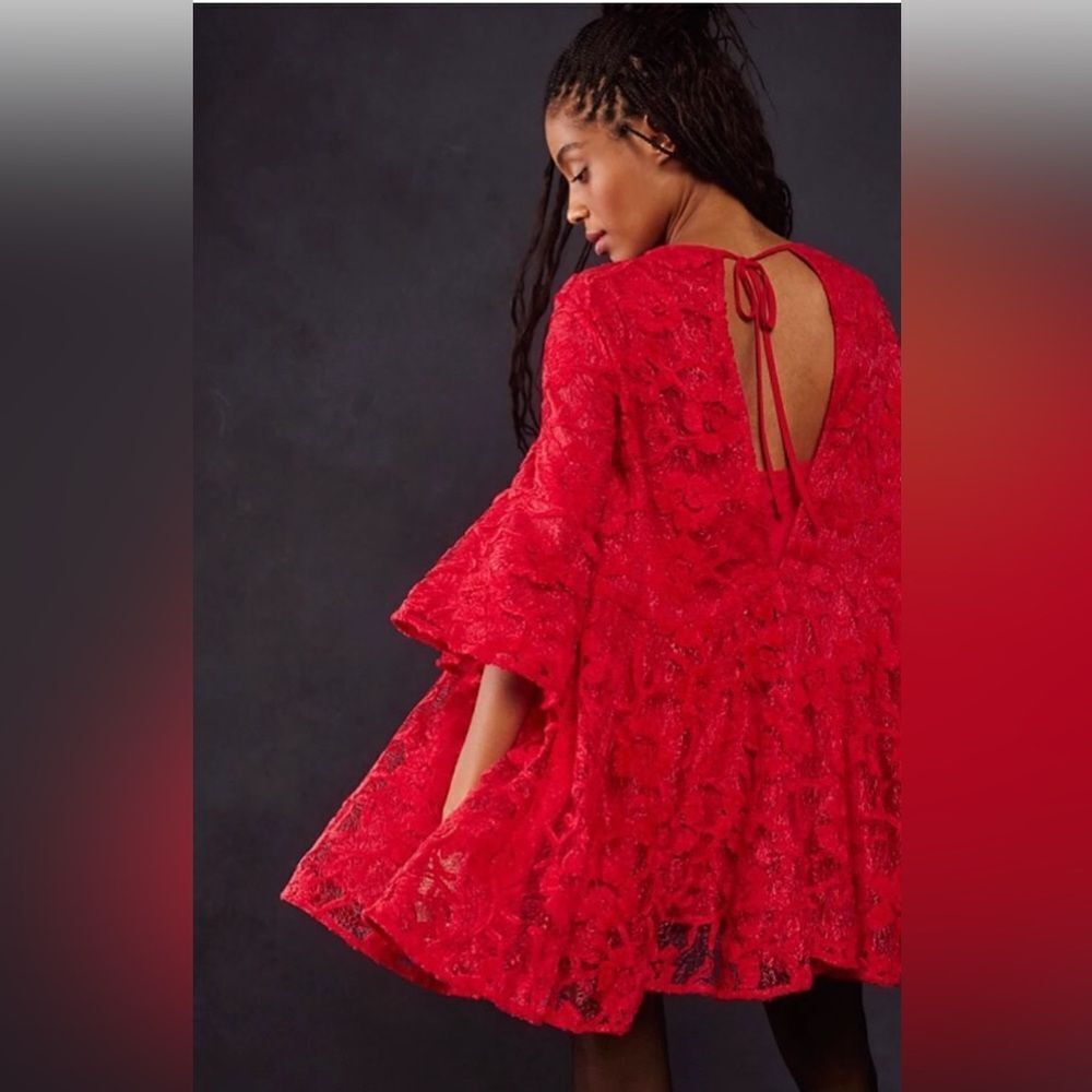 FREE PEOPLE red mini swing dress lace Whimsigoth boho bell sleeves party NWT